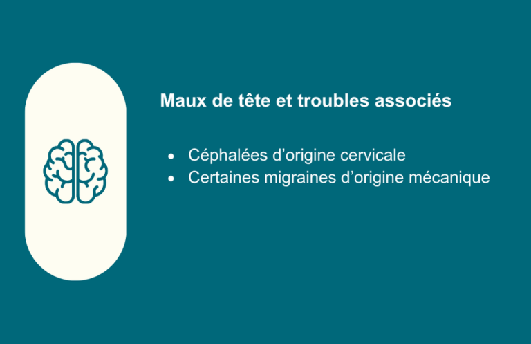 Maux de tête et troubles associés : 
Céphalées d’origine cervicale
Certaines migraines d’origine mécanique